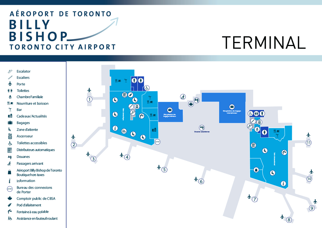 Carte de l'Aéroport Billy Bishop de Toronto. Cliquez pour ouvrir une version PDF plus grande de la carte.